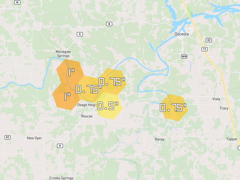 Hail map of Osceola, MO on Jul 9, 2026, hail up to 1"
