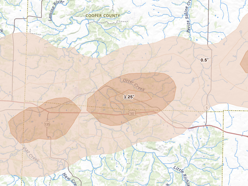 Radar-estimated hail-size map of the storm over Otterville, MO on Apr 27, 2026