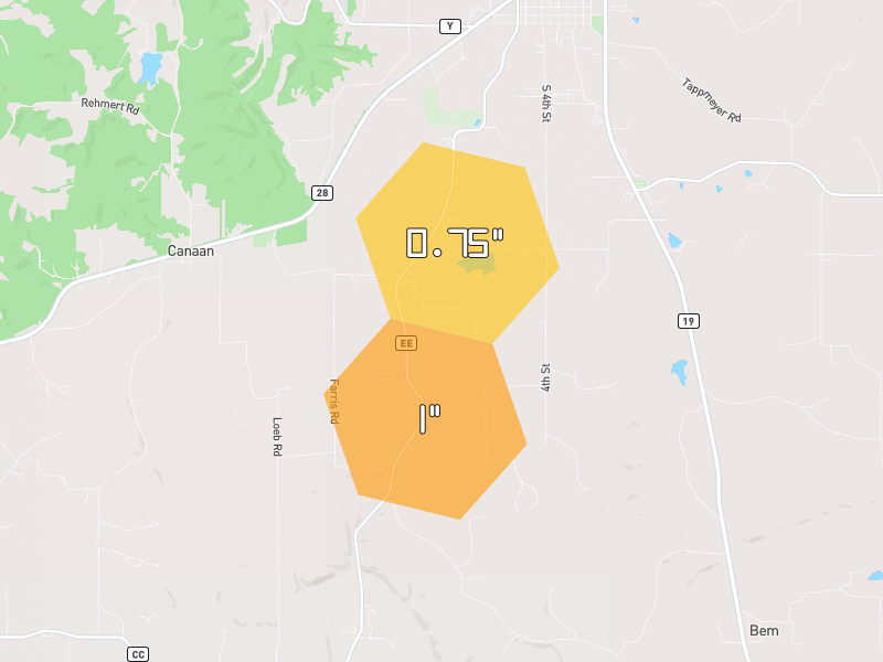 Hail map of Owensville, MO on Jun 1, 2026, hail up to 1"