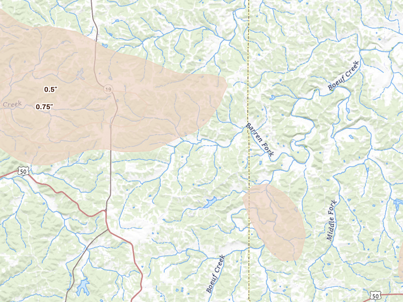 Radar-estimated hail-size map of the storm over Owensville, MO on Jul 31, 2026
