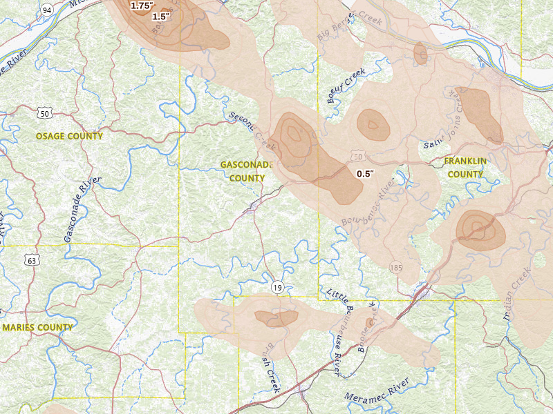 Radar-estimated hail-size map of the storm over Owensville, MO on Aug 12, 2026