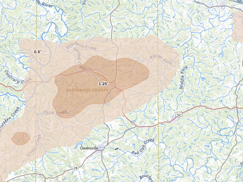 Radar-estimated hail-size map of the storm over Owensville, MO on Aug 16, 2026