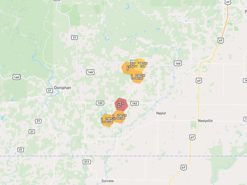 Hail map of Oxly, MO on Jul 9, 2026, hail up to 2"