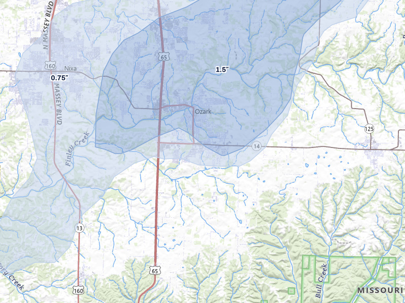 NEXRAD radar-signature map of the hail storm over Ozark, MO on Mar 4, 2026