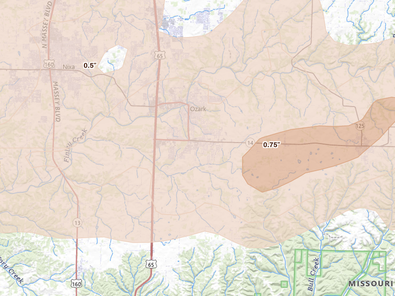 Radar-estimated hail-size map of the storm over Ozark, MO on Apr 28, 2026