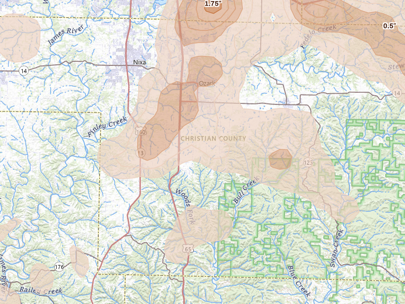Radar-estimated hail-size map of the storm over Ozark, MO on Aug 6, 2026