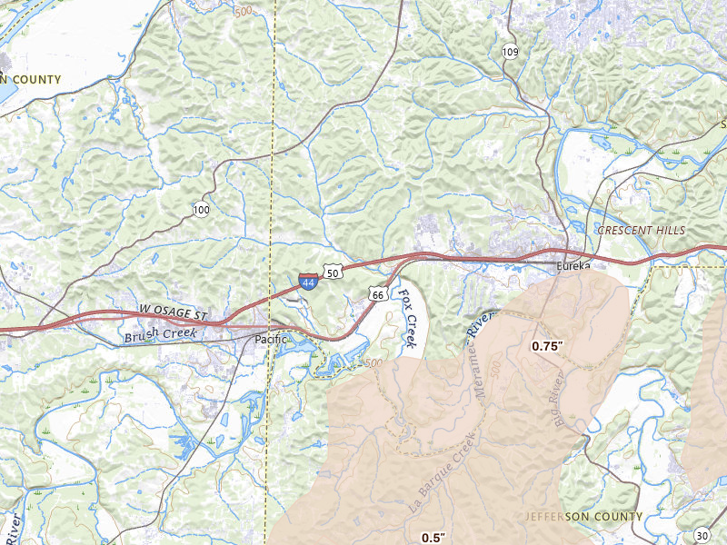 Radar-estimated hail-size map of the storm over Pacific, MO on Apr 26, 2026