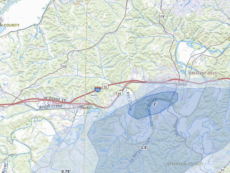 NEXRAD radar-signature map of the hail over Pacific, MO