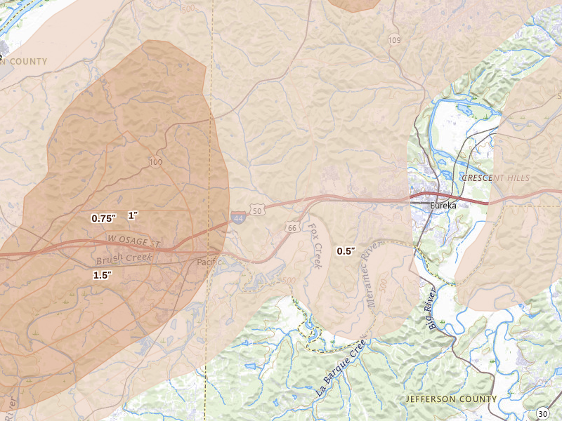 Radar-estimated hail-size map of the storm over Pacific, MO on Apr 27, 2026