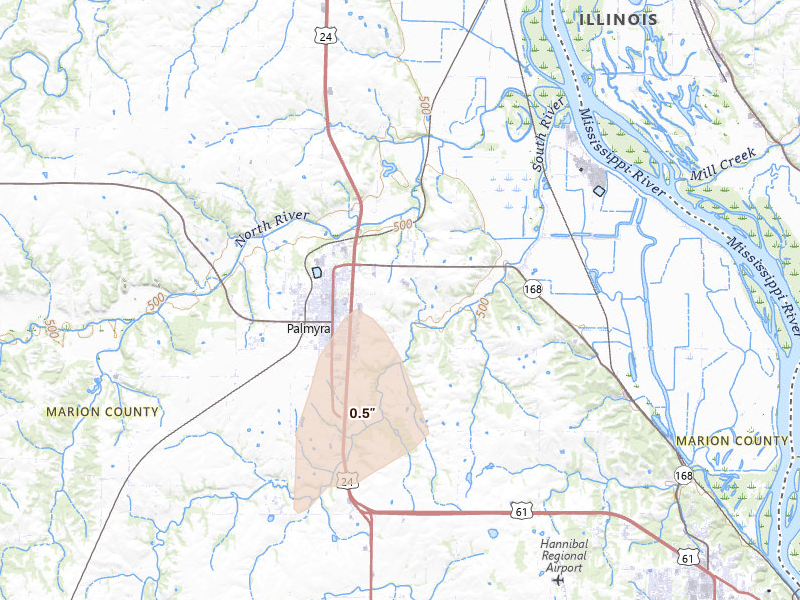 Radar-estimated hail-size map of the storm over Palmyra, MO on Apr 17, 2026