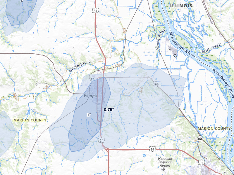 NEXRAD radar-signature map of the hail over Palmyra, MO