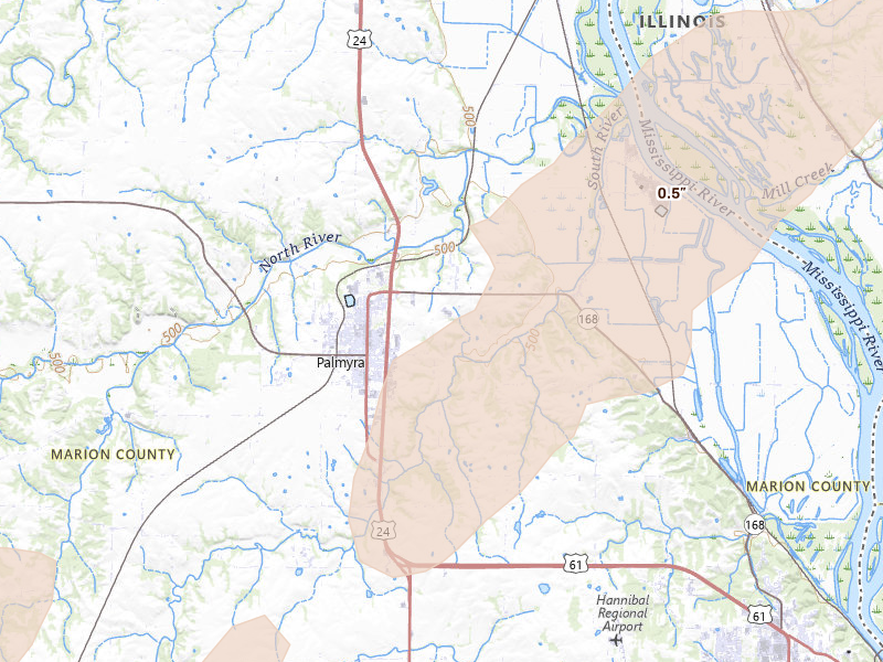 Radar-estimated hail-size map of the storm over Palmyra, MO on Apr 27, 2026