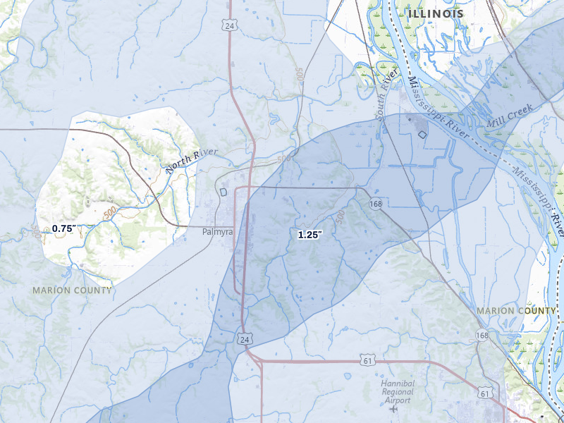 NEXRAD radar-signature map of the hail over Palmyra, MO