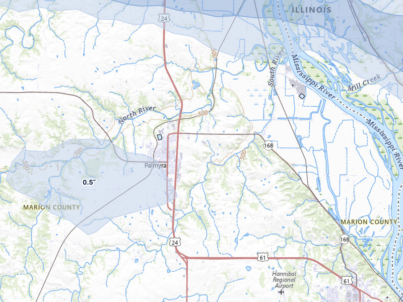 NEXRAD radar-signature map of the hail storm over Palmyra, MO on May 4, 2026