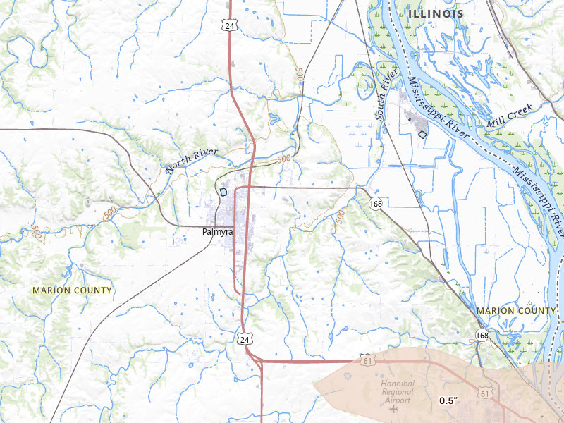 Radar-estimated hail-size map of the storm over Palmyra, MO on May 14, 2026