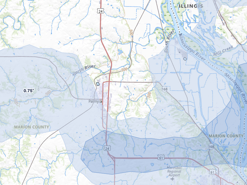 NEXRAD radar-signature map of the hail over Palmyra, MO