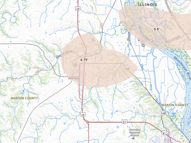Radar-estimated hail-size map of the storm over Palmyra, MO on May 16, 2026