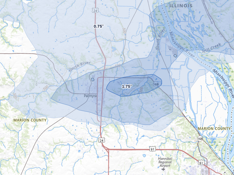 NEXRAD radar-signature map of the hail storm over Palmyra, MO on May 16, 2026
