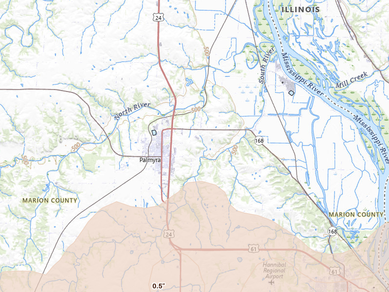 Radar-estimated hail-size map of the storm over Palmyra, MO on Jun 10, 2026