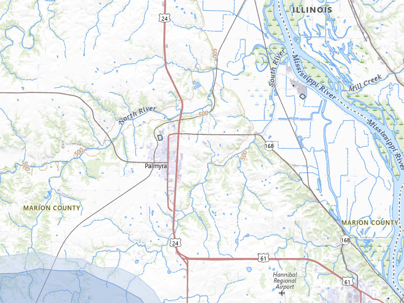 NEXRAD radar-signature map of the hail storm over Palmyra, MO on Jul 10, 2026