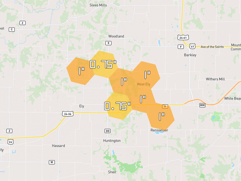 Hail map of Palmyra, MO on Jul 11, 2026, hail up to 1"