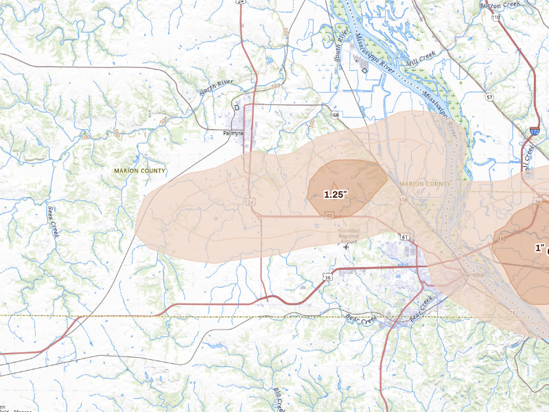Radar-estimated hail-size map of the storm over Palmyra, MO