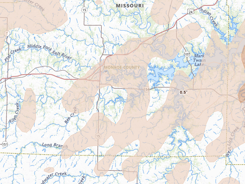Radar-estimated hail-size map of the storm over Paris, MO on Apr 27, 2026