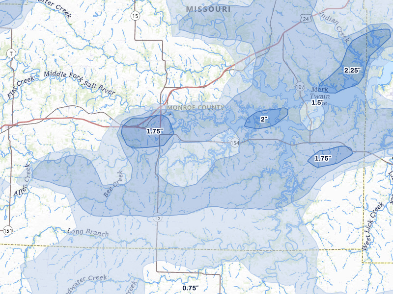 NEXRAD radar-signature map of the hail over Paris, MO