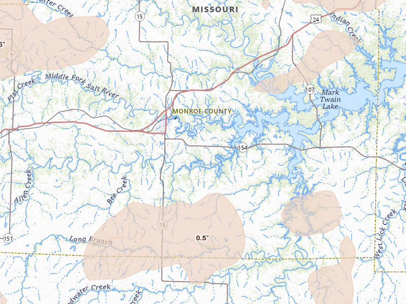 Radar-estimated hail-size map of the storm over Paris, MO on May 31, 2026