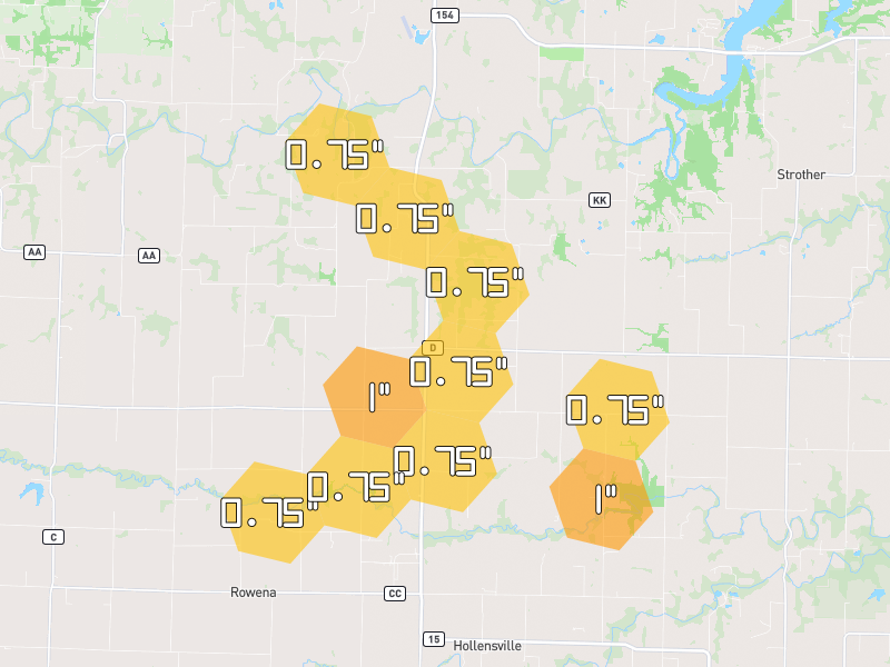 Hail map of Paris, MO on Jun 1, 2026, hail up to 1"