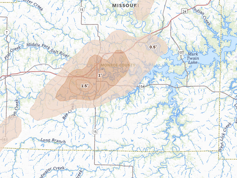 Radar-estimated hail-size map of the storm over Paris, MO on Jun 10, 2026