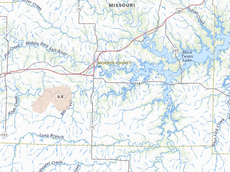 Radar-estimated hail-size map of the storm over Paris, MO on Jul 31, 2026