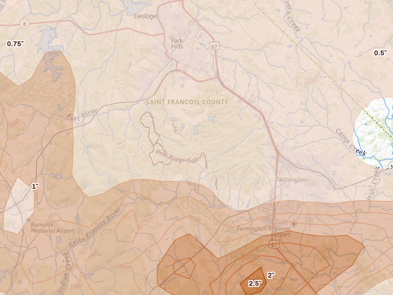 Radar-estimated hail-size map of the storm over Park Hills, MO on Apr 26, 2026