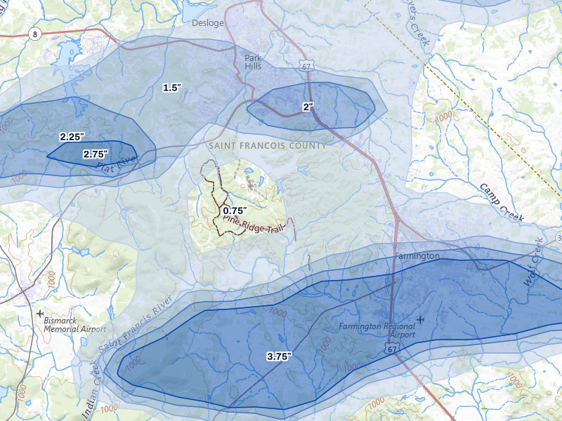 NEXRAD radar-signature map of the hail over Park Hills, MO