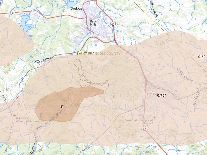 Radar-estimated hail-size map of the storm over Park Hills, MO on Apr 27, 2026