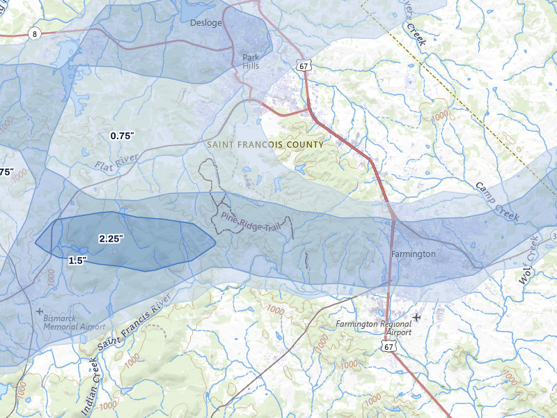 NEXRAD radar-signature map of the hail over Park Hills, MO