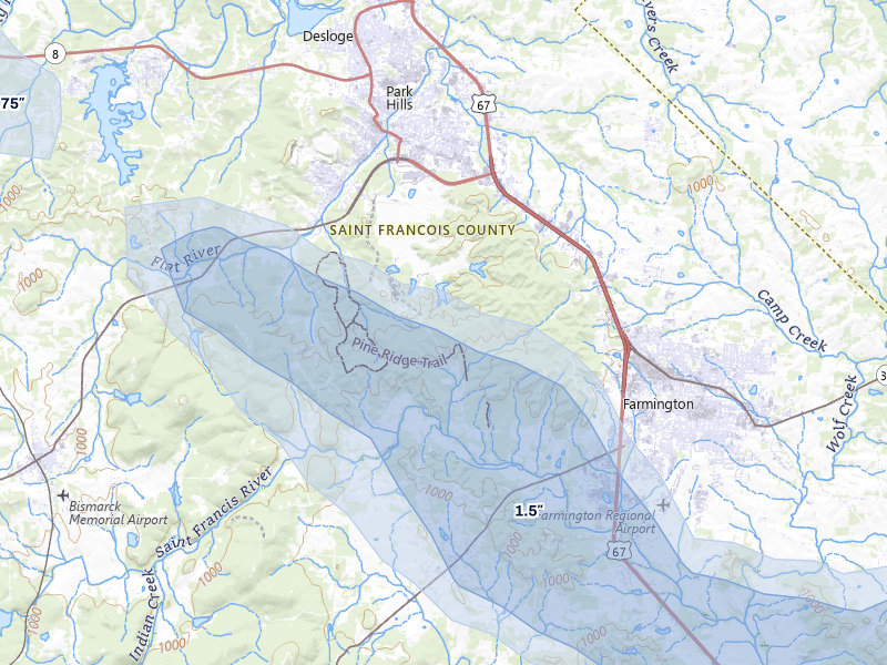 NEXRAD radar-signature map of the hail storm over Park Hills, MO on May 31, 2026