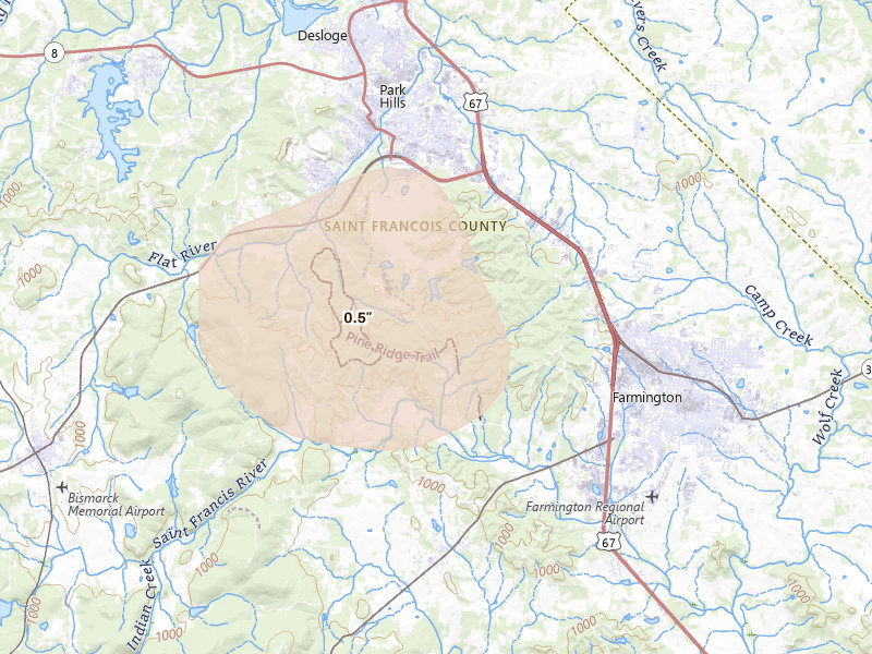 Radar-estimated hail-size map of the storm over Park Hills, MO on Jul 9, 2026