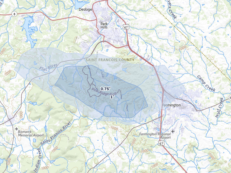 NEXRAD radar-signature map of the hail storm over Park Hills, MO on Jul 9, 2026