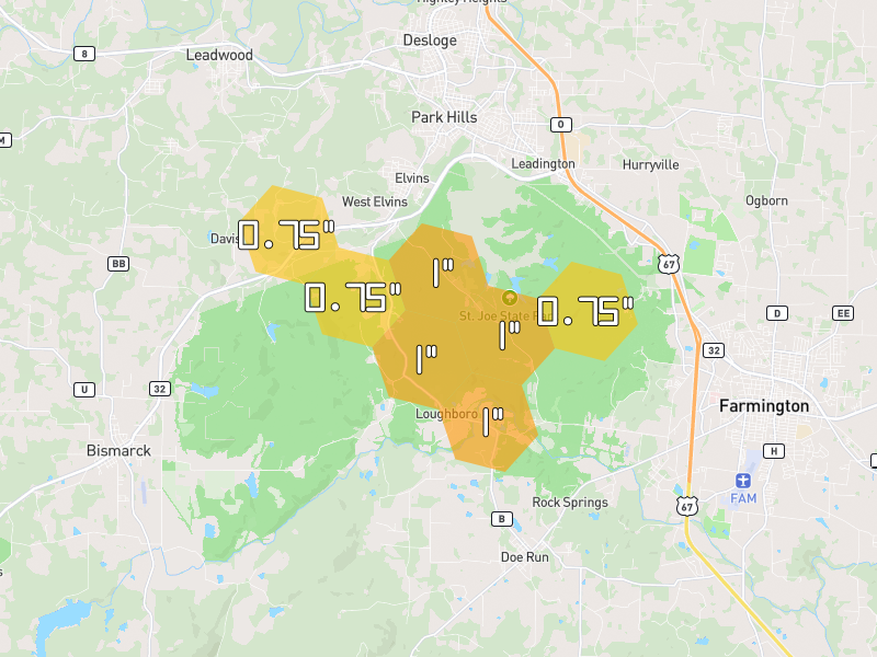 Hail map of Park Hills, MO on Jul 10, 2026, hail up to 1"