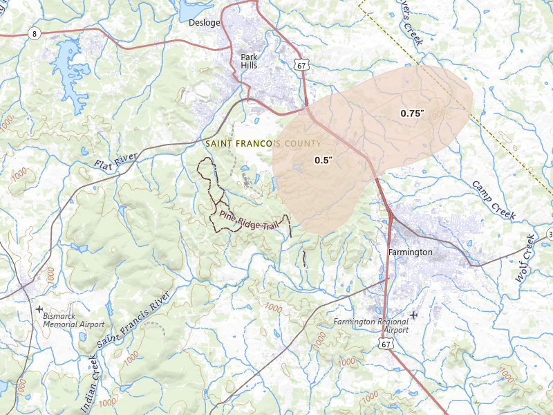 Radar-estimated hail-size map of the storm over Park Hills, MO on Jul 31, 2026