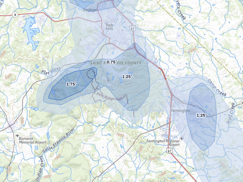 NEXRAD radar-signature map of the hail storm over Park Hills, MO on Jul 31, 2026