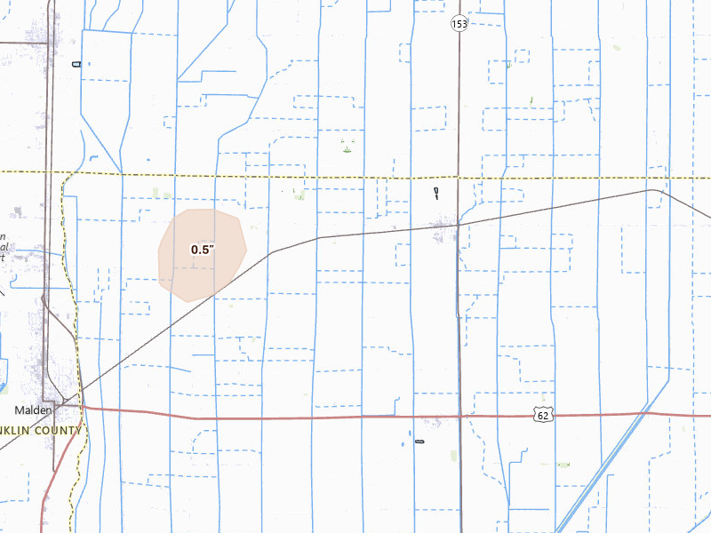 Radar-estimated hail-size map of the storm over Parma, MO on Jul 4, 2026