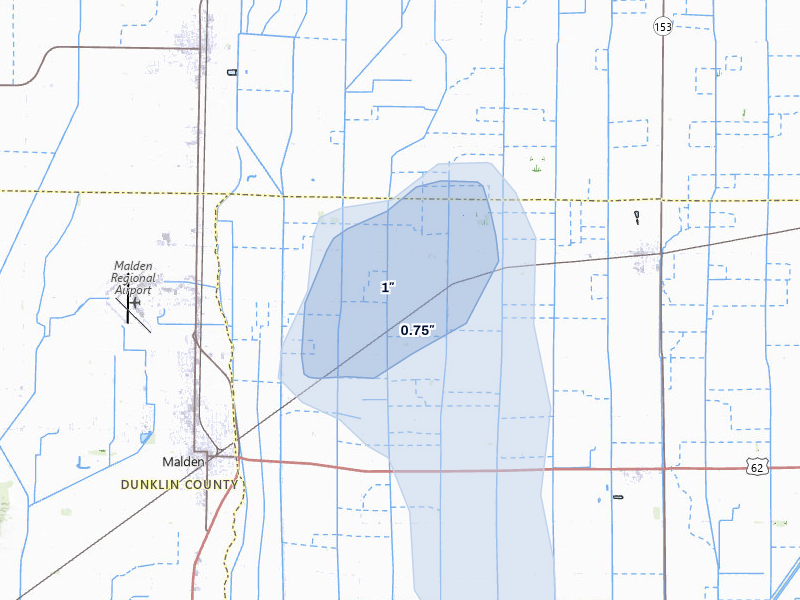 NEXRAD radar-signature map of the hail over Parma, MO