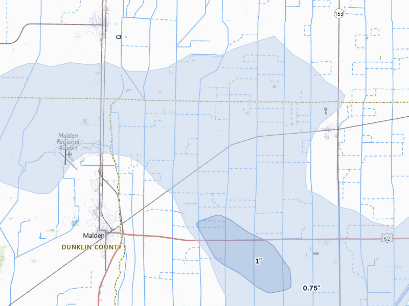 NEXRAD radar-signature map of the hail storm over Parma, MO on Jul 9, 2026