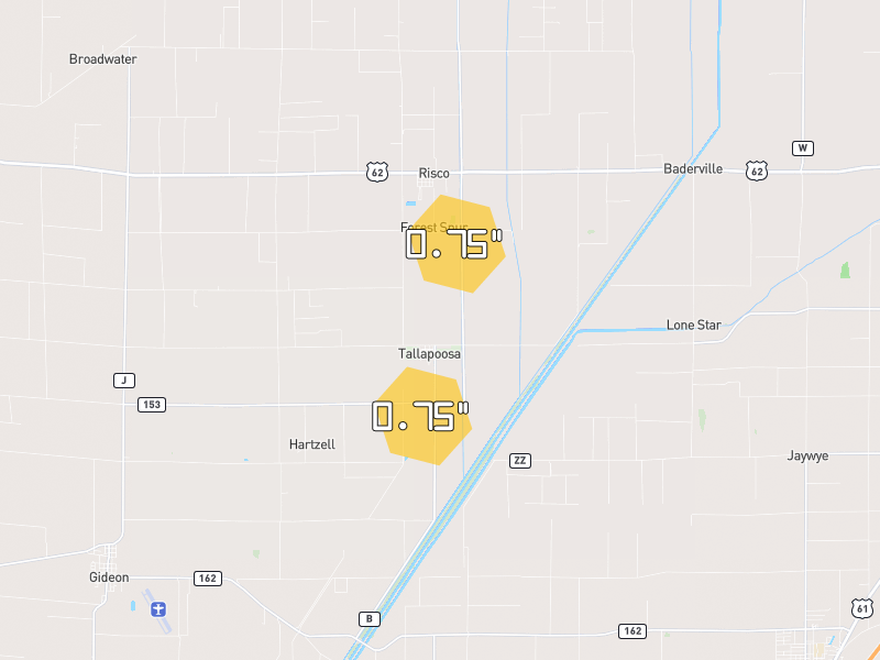Hail map of Parma, MO on Jul 10, 2026, hail up to 0.75"