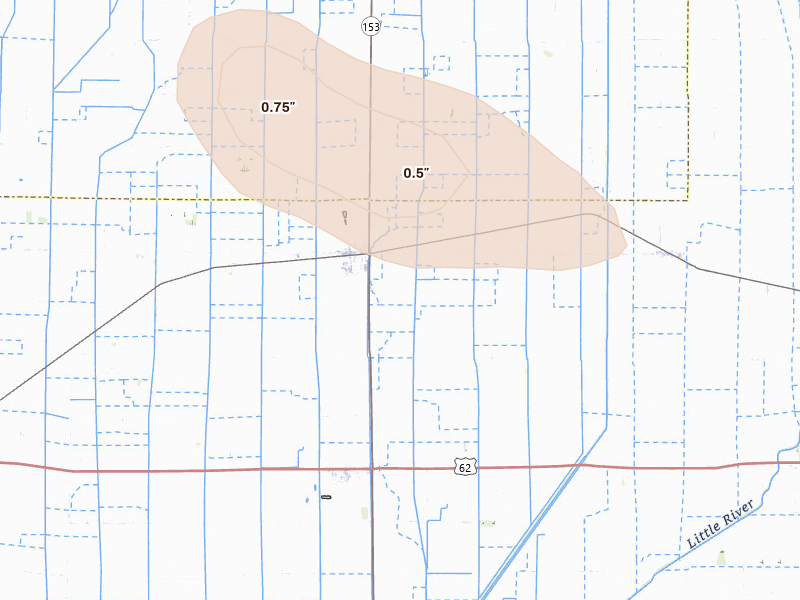 Radar-estimated hail-size map of the storm over Parma, MO on Aug 26, 2026