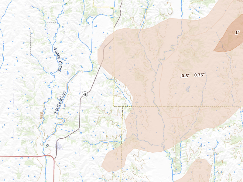 Radar-estimated hail-size map of the storm over Parnell, MO on May 16, 2026