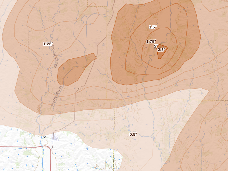 Radar-estimated hail-size map of the storm over Parnell, MO on Jun 11, 2026