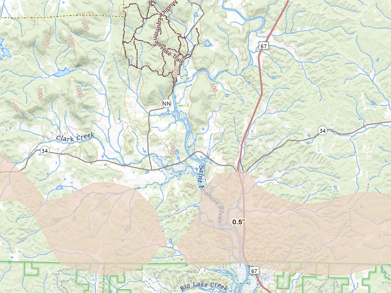 Radar-estimated hail-size map of the storm over Patterson, MO on Apr 27, 2026